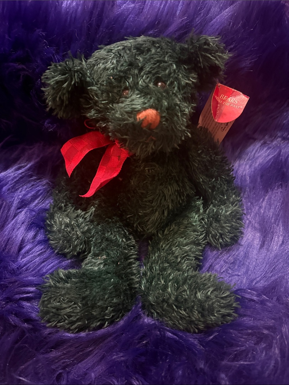 RUSS Plush BEARS from the PAST Tag on Dark Green with Red Bow